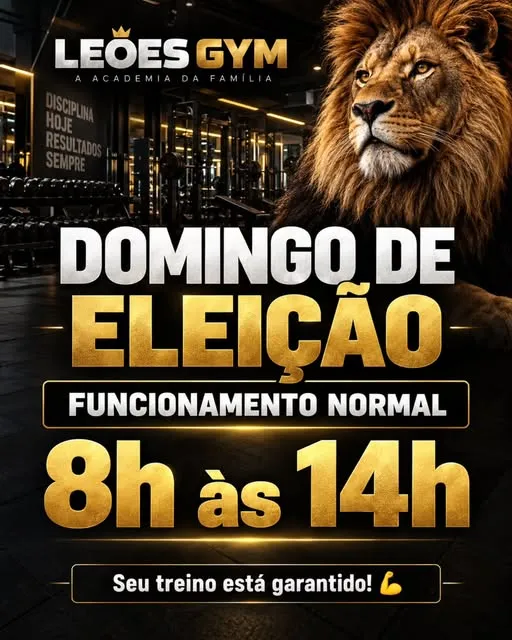 DOMINGO DE ELEIÇÃO TAMBÉM TEM TREINO! Neste domingo, a Leões Gym vai funcionar normalmente, das 8h às 14h, para você ma…